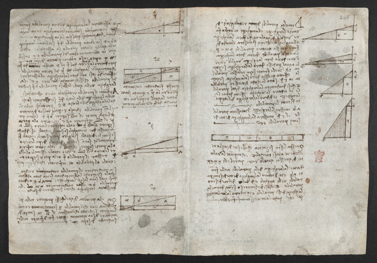 Arundel 263, f.246v レオナルドの「観測の書」からのイラスト (紙にインク) 作： レオナルド・ダ・ヴィンチ