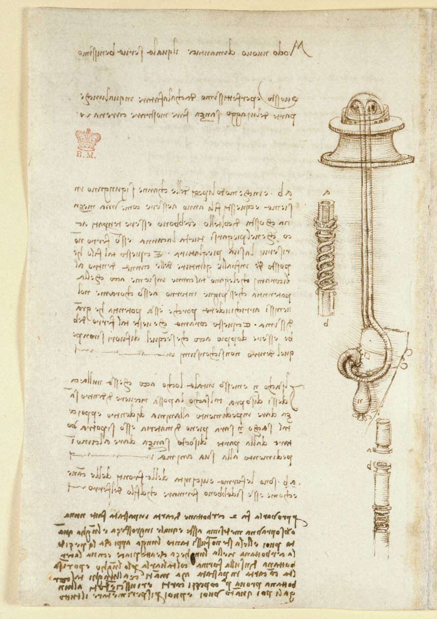 アランデル 263、f.24v 「Codex Arundel」からのレオナルドのダイバーの呼吸装置の研究 (1508 年) を示すメモとスケッチ (紙にペンとインク) 作： レオナルド・ダ・ヴィンチ