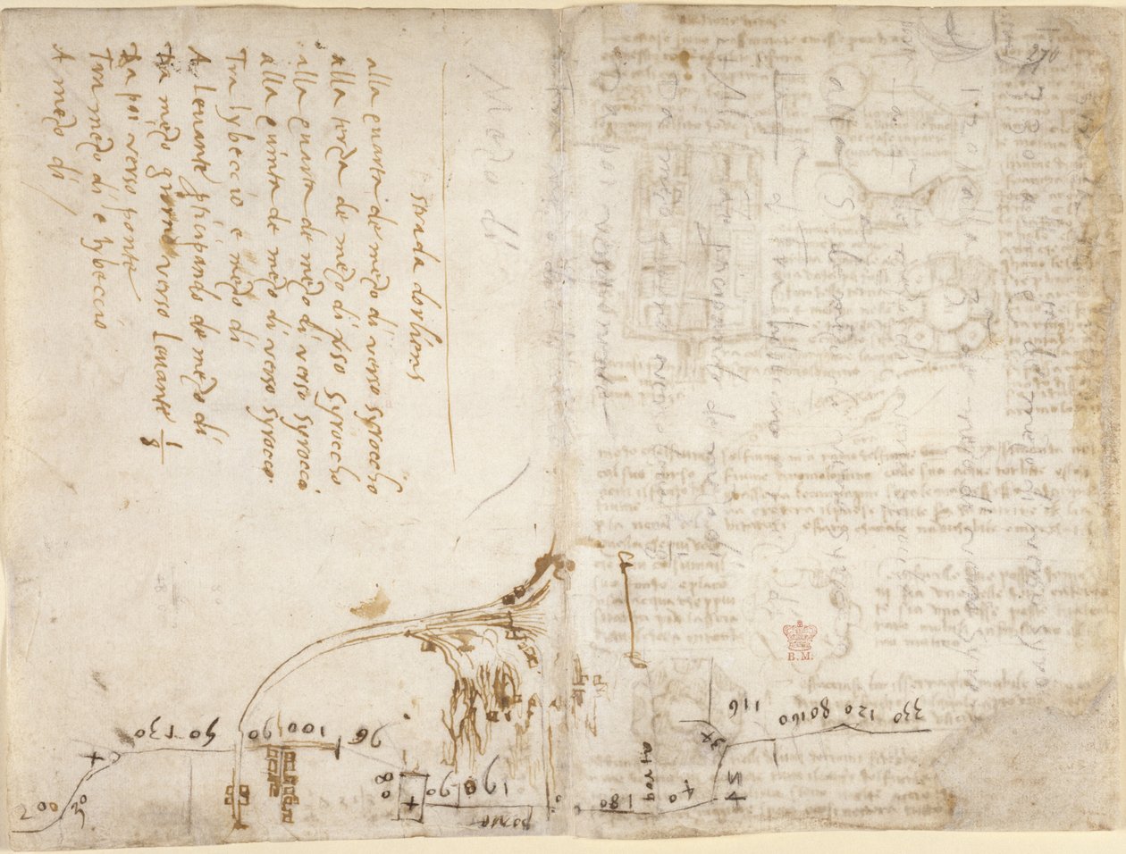 Arundel 263, f.263v, f.270 ロモランタン市からの「オルレアンへの道」の旅程を説明するメモとスケッチ (Francesco Melzi 作) (横から)、「Codex Arundel」から (紙にペンとインク) ) 作： レオナルド・ダ・ヴィンチ