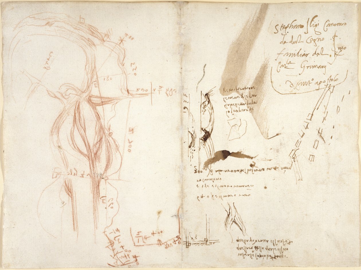 Arundel 263, f.275v, f.274 アルノ川の平面スケッチ。 距離と方向に関する注意事項 作： レオナルド・ダ・ヴィンチ