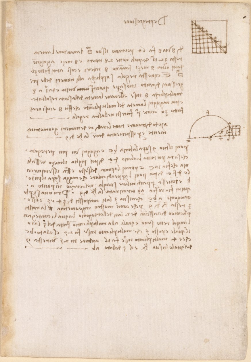 Arundel 263、f.27、「Codex Arundel」からの「De progresse」というタイトルの幾何学に関する注記と図表（紙にペンとインク） 作： レオナルド・ダ・ヴィンチ