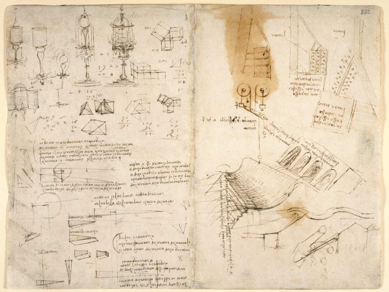 Arundel 263、f.283v、f.282 ヒンジ付きランプのスケッチ。 力学に関する注意事項; 数学的計算; 幾何学的なスケッチ (紙にペンとインク) 作： レオナルド・ダ・ヴィンチ