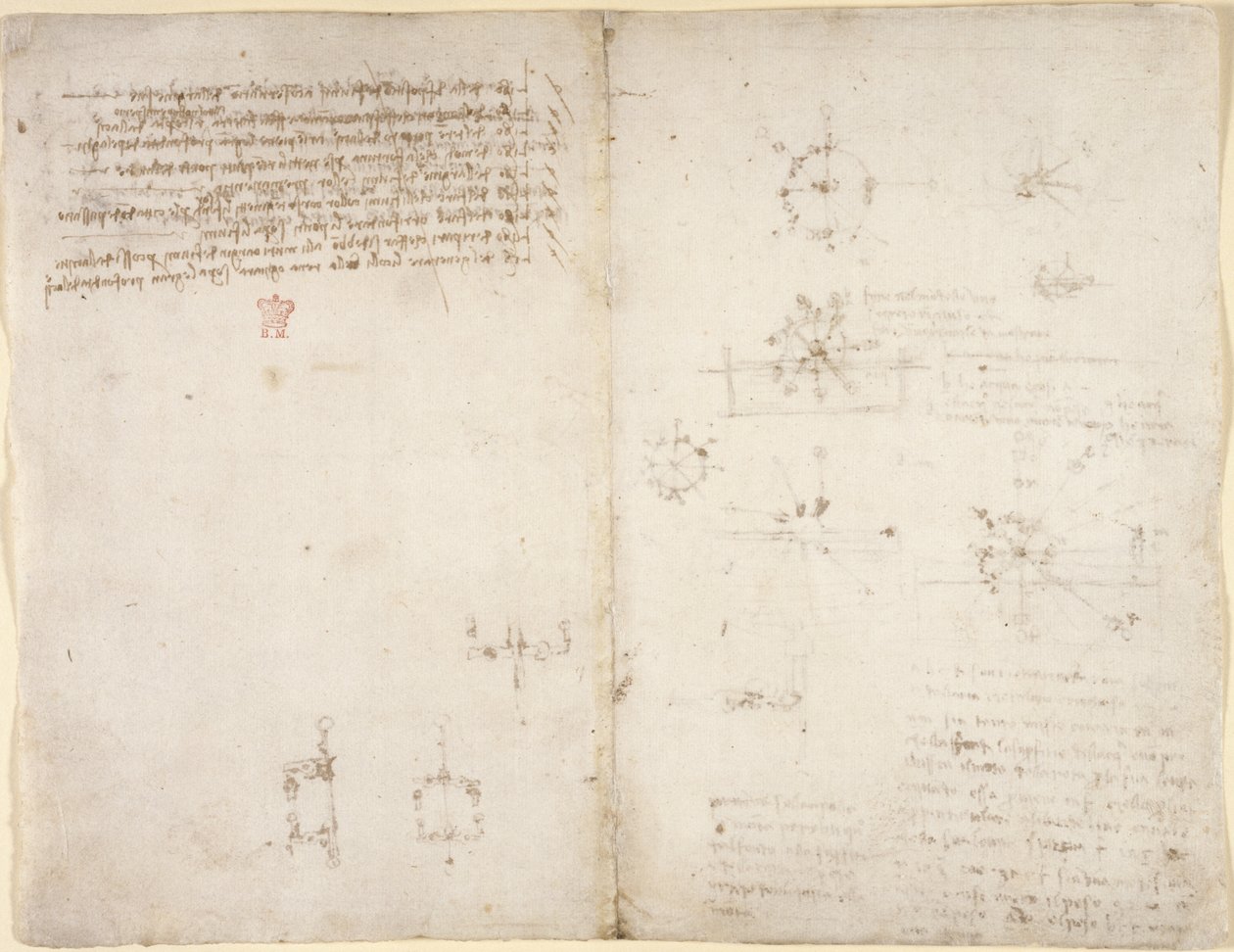 Arundel 263, f.35v, f.34 機械的な力と力、打楽器、重力、運動、光学、天文学に関するさまざまな算術的および幾何学的命題を含む図。 作： レオナルド・ダ・ヴィンチ