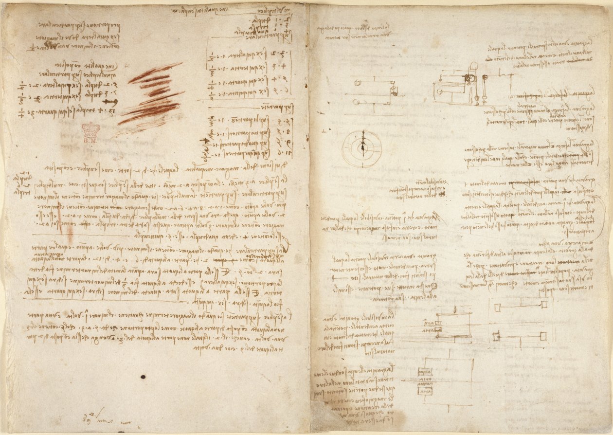Arundel 263, f.38v, f.37 「Codex Arundel」からの算術ノート (紙にペンとインク) 作： レオナルド・ダ・ヴィンチ