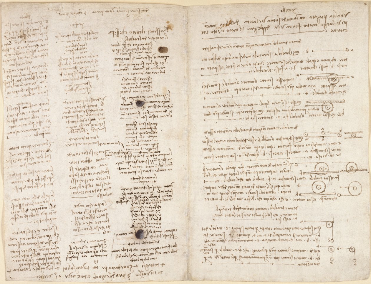 Arundel 263, f.42v, f.43 「コデックス アランデル」からのレオナルドの予言 (「Profetie」) の短いテキスト (紙にペンとインク) 作： レオナルド・ダ・ヴィンチ