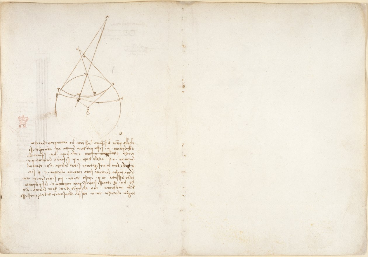 Arundel 263、f.48v、55、「Codex Arundel」からの Alhazen の問題に関する光学に関するメモと図 (紙にペンとインク) 作： レオナルド・ダ・ヴィンチ