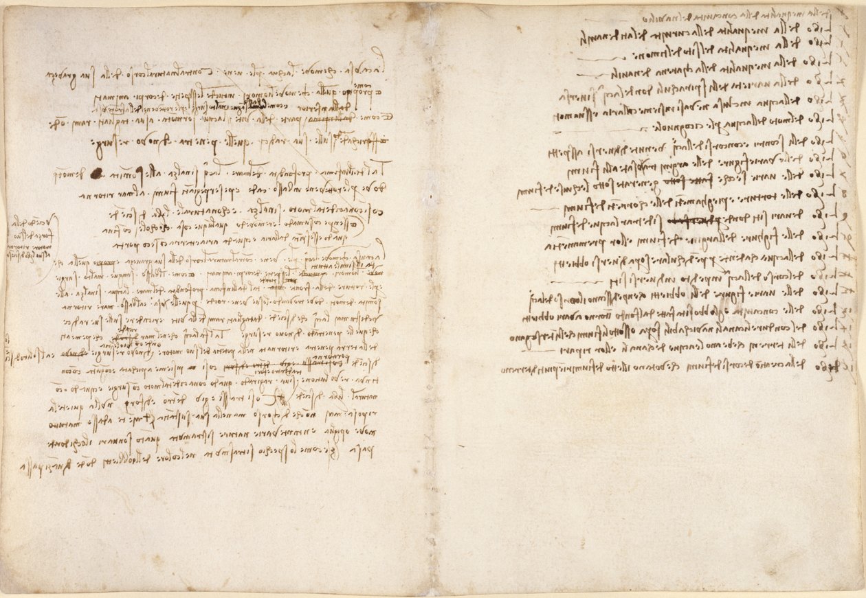 Arundel 263、f.58v、f.45、「Codex Arundel」からの水に関するメモ (紙にペンとインク) 作： レオナルド・ダ・ヴィンチ