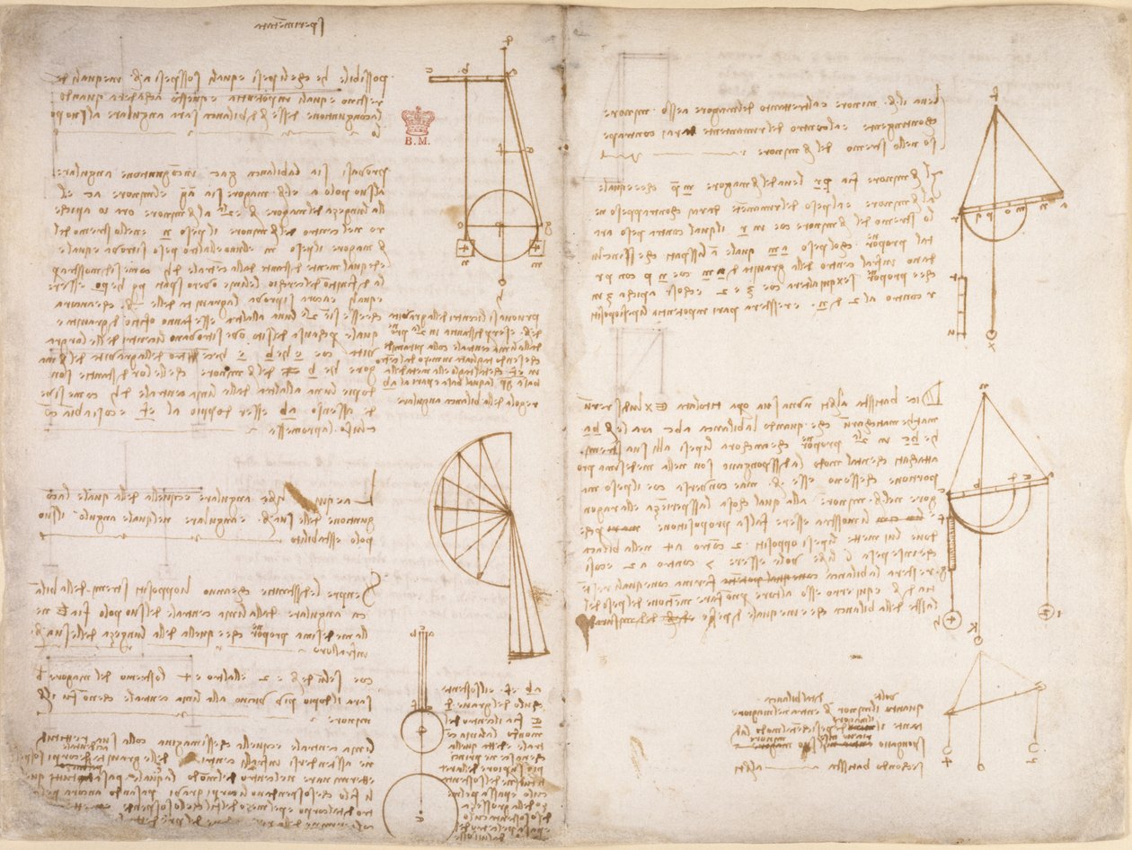 Arundel 263、f.67v、f.66 「Codex Arundel」からの力学に関するメモと図、c.1503-5 (紙にペンとインク) 作： レオナルド・ダ・ヴィンチ