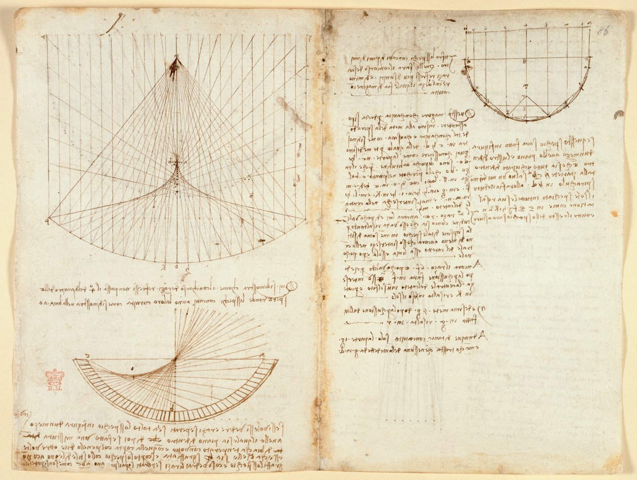 Arundel 263 f.87v、f.86 反射のコースティクスに関する光学に関するメモと図、c.1503-5（紙にペンとインク） 作： レオナルド・ダ・ヴィンチ
