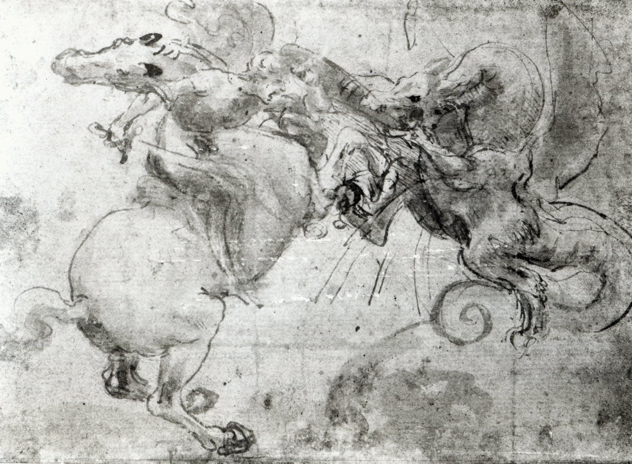 ライダーとドラゴンの間の戦い、1482年頃（スタイラスの描画、紙にペンとブラシ） 作： レオナルド・ダ・ヴィンチ