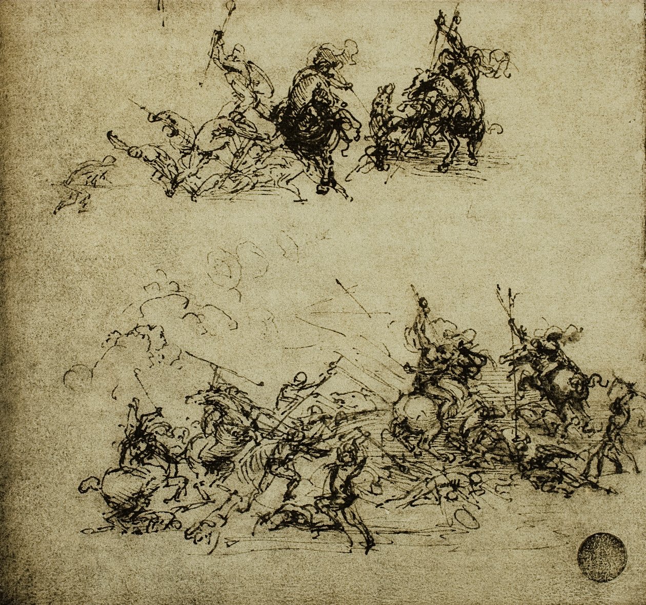 バトルシーン;レオナルド・ダ・ヴィンチの絵。ギャラリーデルアカデミア、ヴェネツィア 作： レオナルド・ダ・ヴィンチ