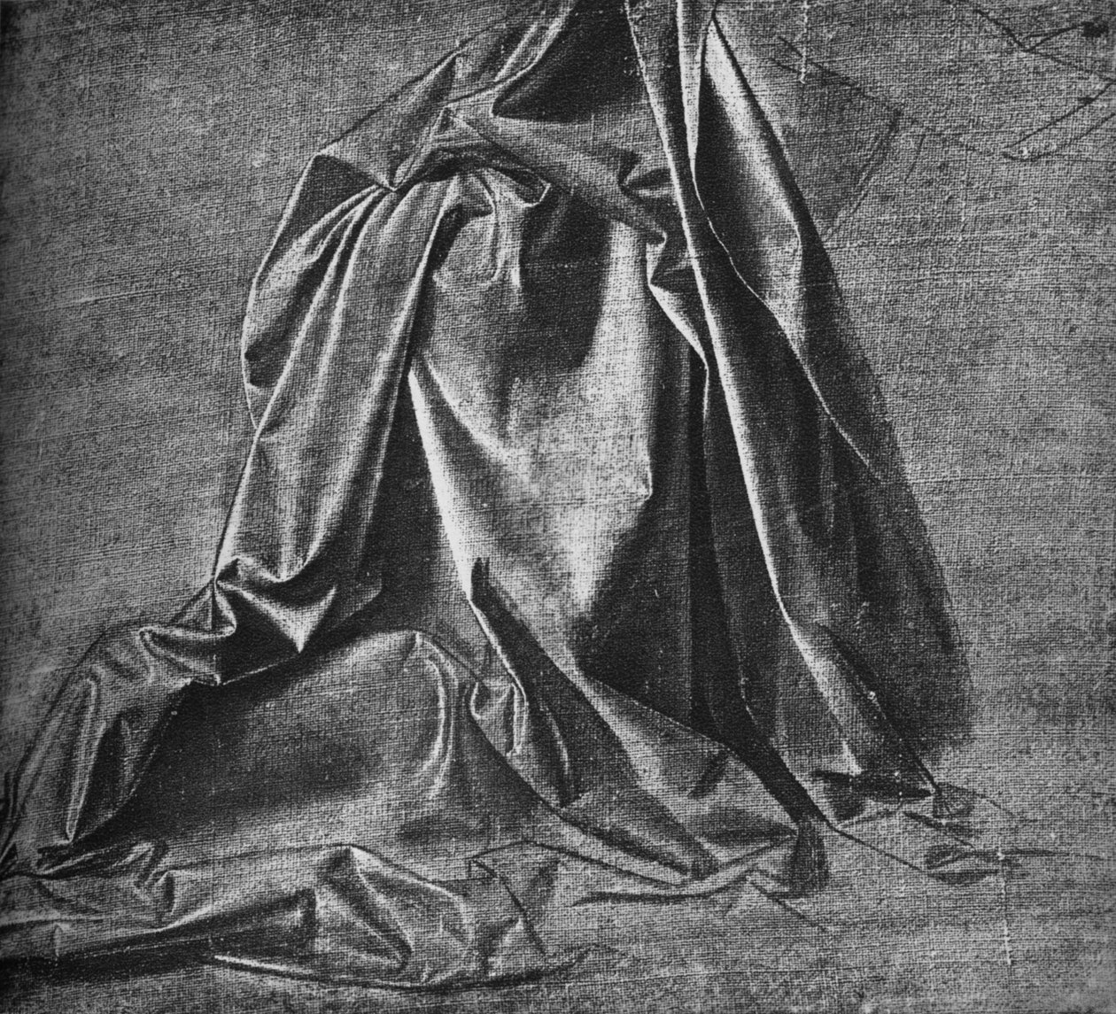 右にひざまずく図のためのカーテンのキャスト、c1470 1945 作： レオナルド・ダ・ヴィンチ