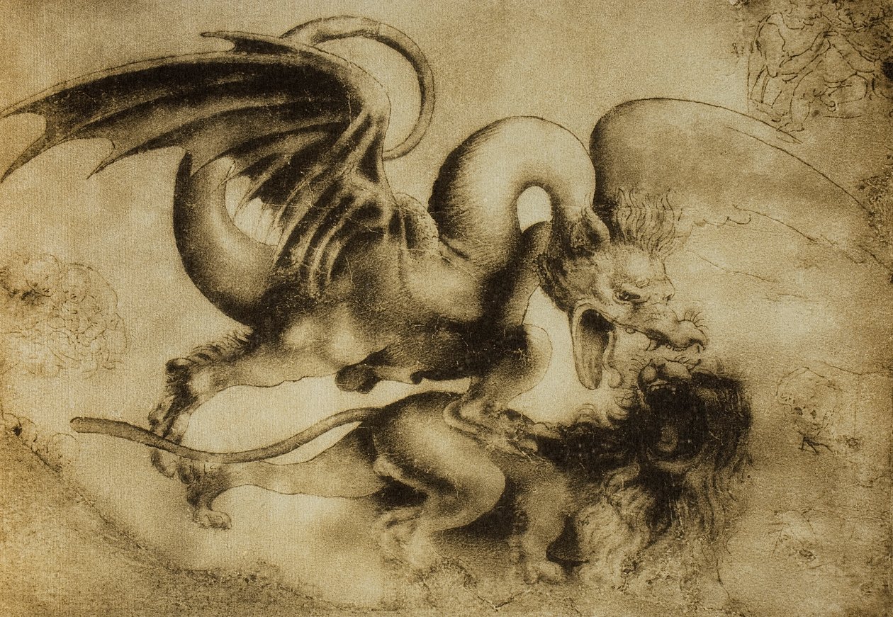レオナルドダヴィンチが描いた、ライオンを殺すドラゴン。内閣描画と版画、ウフィツィ美術館、フィレンツェ 作： レオナルド・ダ・ヴィンチ