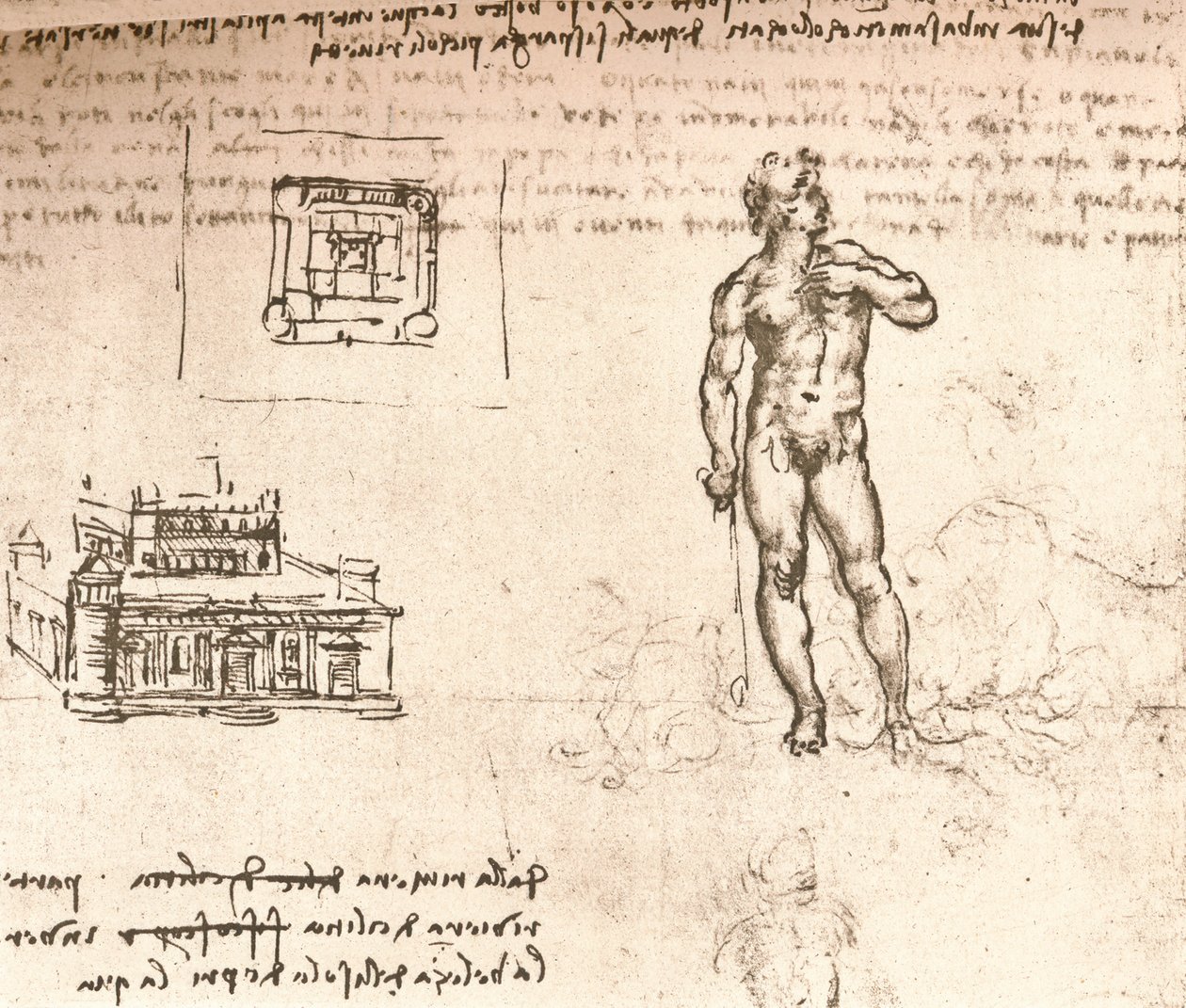 城の計画の描写、および墨汁で洗ったヌードの図、c1472-c1519 1883 作： レオナルド・ダ・ヴィンチ