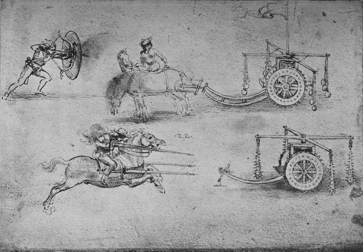 フレイルで武装した戦車、盾を持つアーチャーの絵、c1480、1945 作： レオナルド・ダ・ヴィンチ
