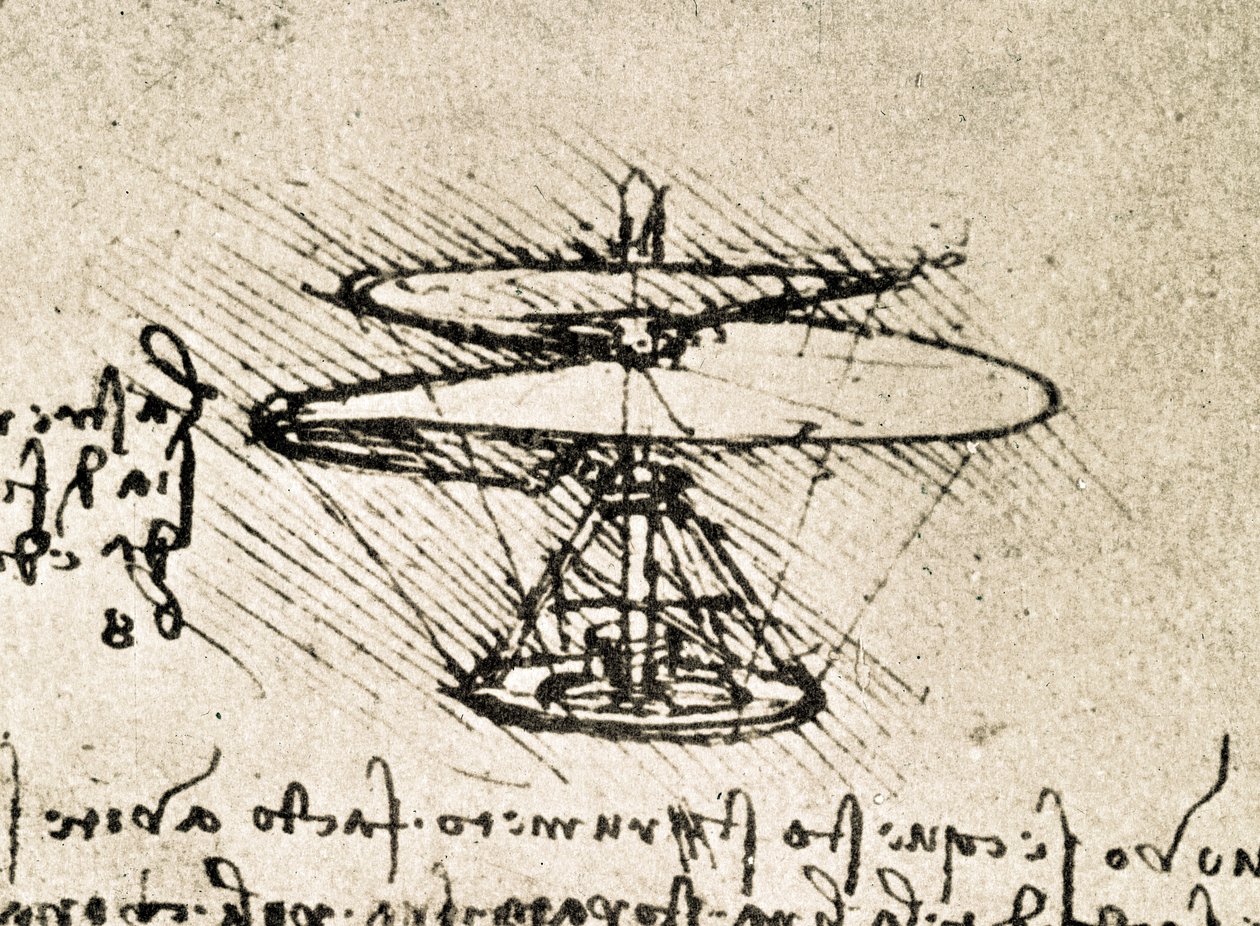 空中スクリュー（ヘリコプター）」の原理と構造を記したダ・ヴィンチ手稿からの抜粋（原稿） 作： レオナルド・ダ・ヴィンチ
