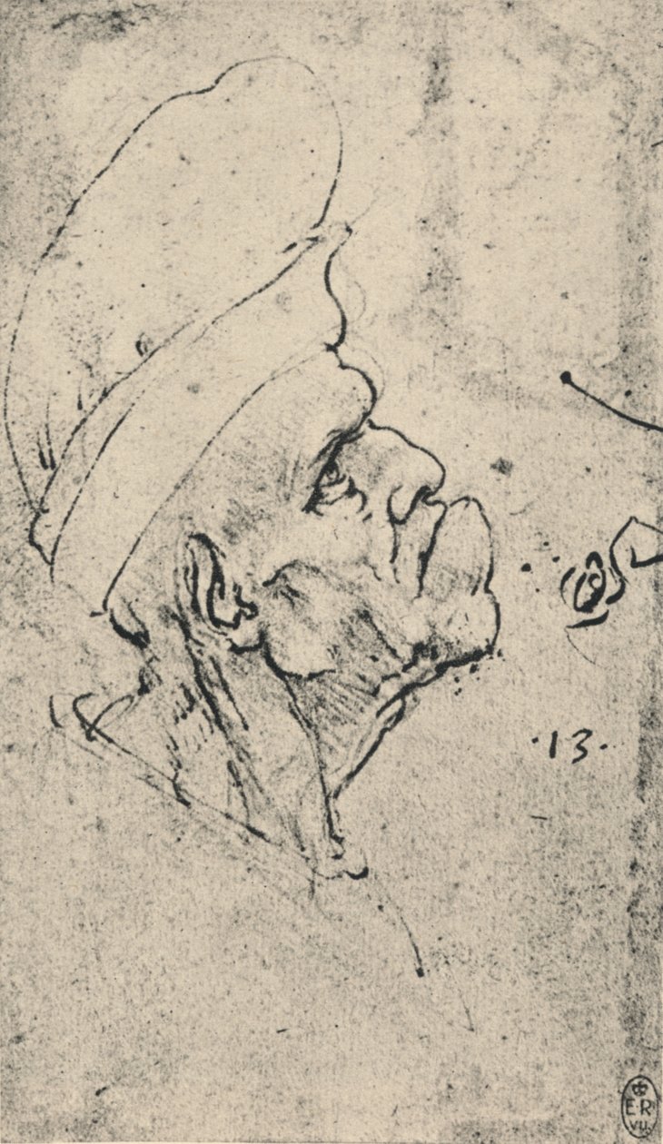 右に帽子をかぶった男のグロテスクな横顔、c1480 1945 作： レオナルド・ダ・ヴィンチ