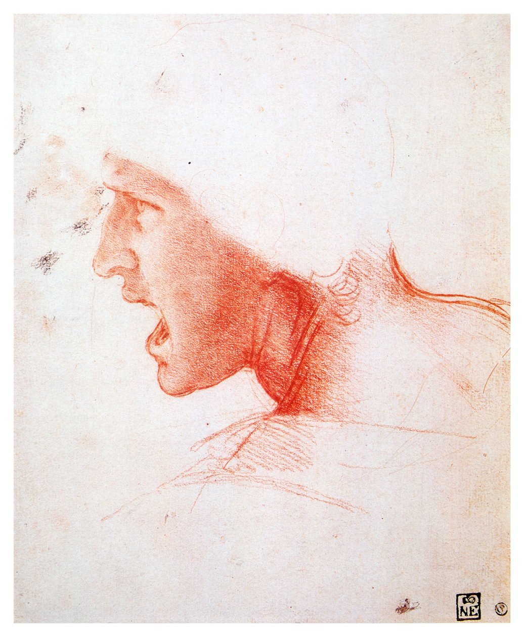 左側のプロファイルで叫ぶ男性の頭、1503-1504 作： レオナルド・ダ・ヴィンチ