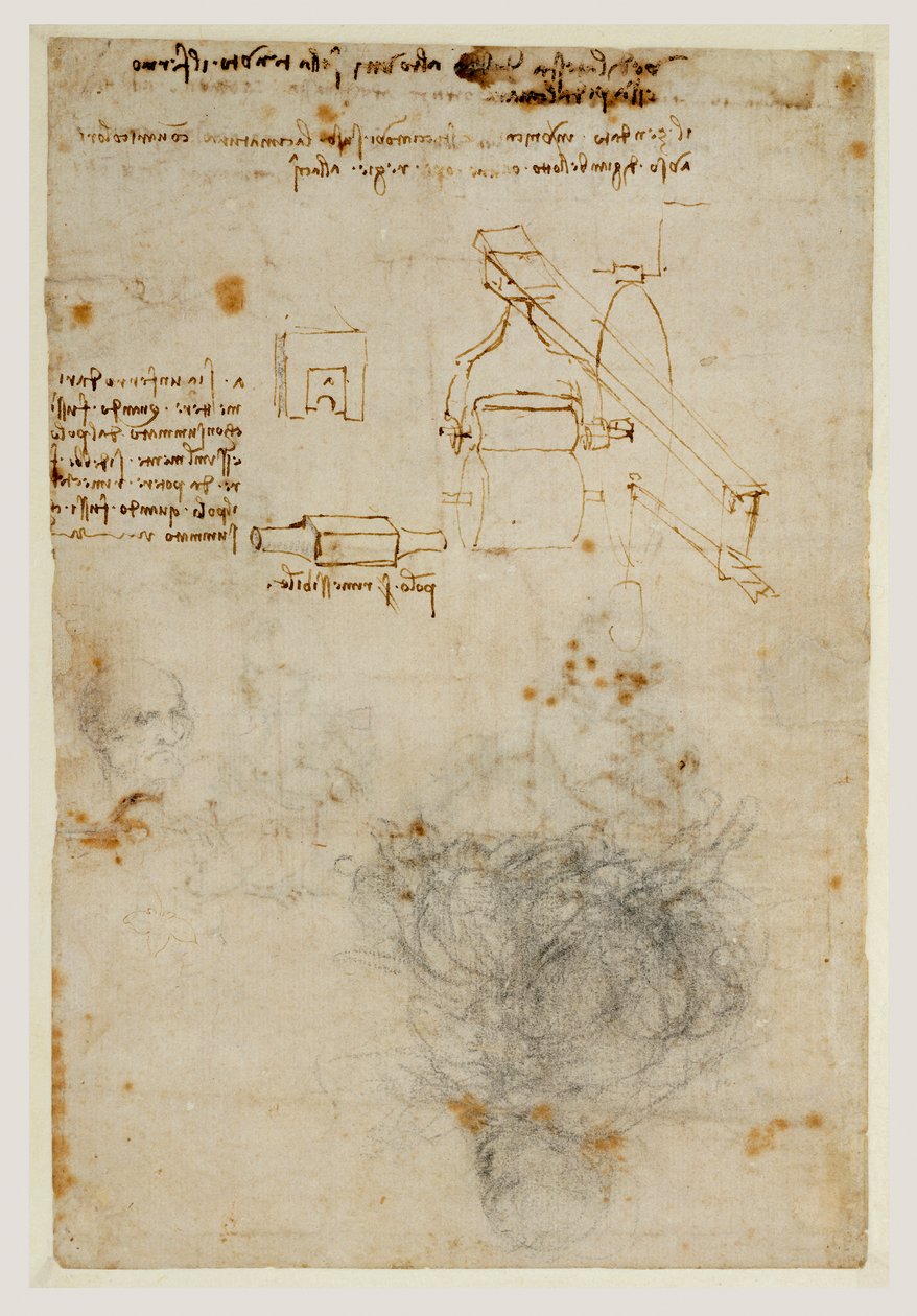 老人の頭と機械の研究、1503-06年頃（黒チョーク、ペン、茶色インク） 作： レオナルド・ダ・ヴィンチ