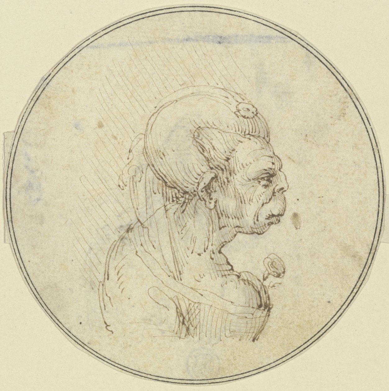 老婦人の風刺画。胸元にバラを添えた胸像で、右向きの横顔 作： レオナルド・ダ・ヴィンチ