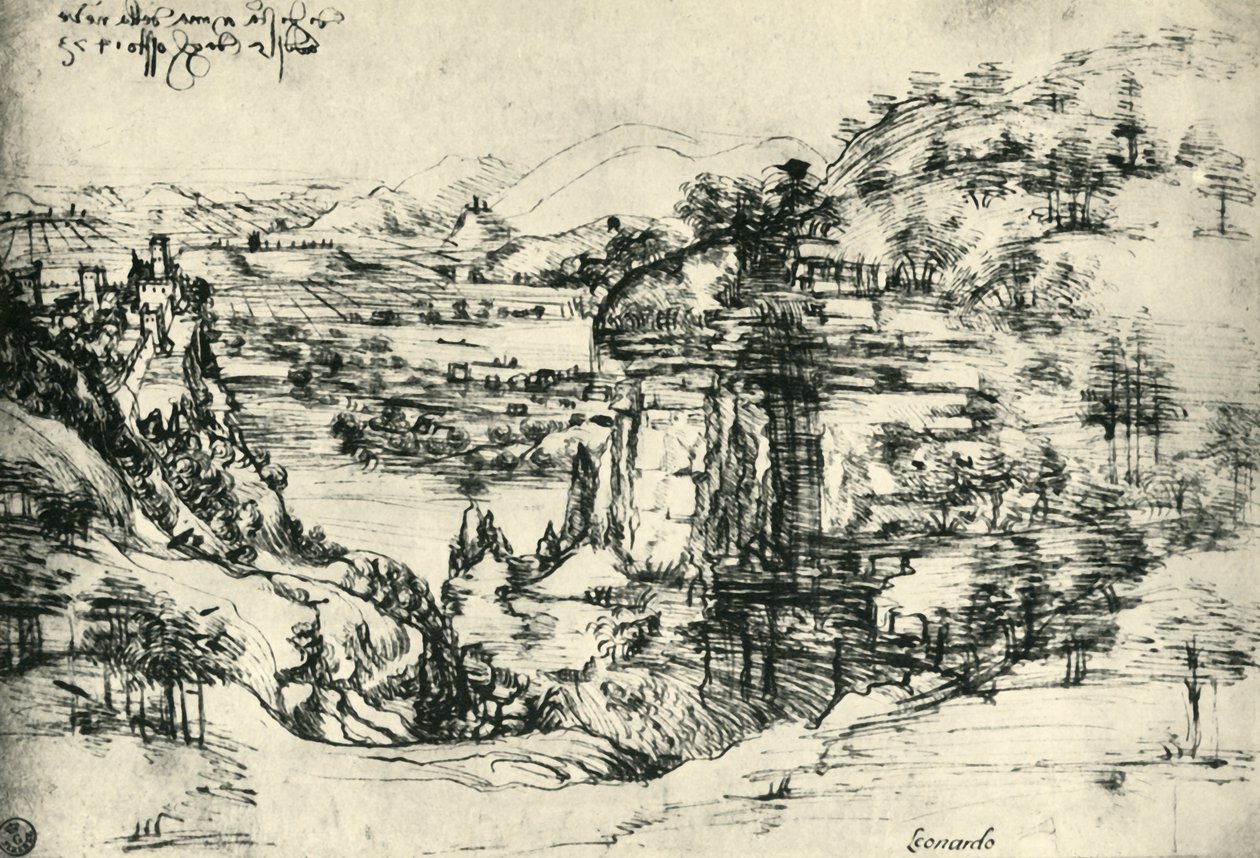 1473年8月5日、サンタマリアデッラネーヴェの風景画。1943年。 作： レオナルド・ダ・ヴィンチ