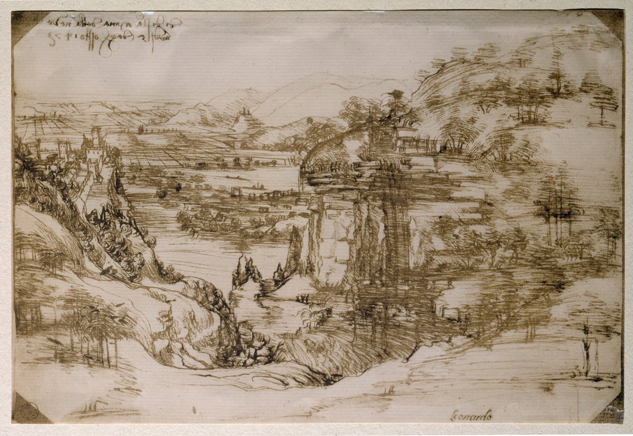 サンタ・マリア・デラ・ネーヴェの風景：アルノ渓谷の風景（鉛筆画 作： レオナルド・ダ・ヴィンチ
