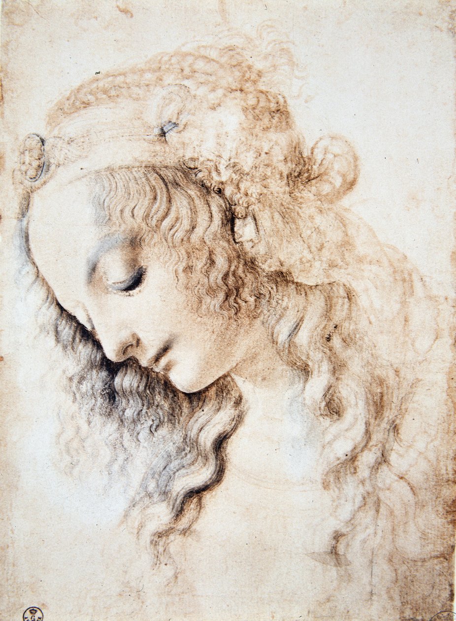 レオナルド・ダ・ヴィンチ（Leonardo da Vinci）（1452 - 1519）。目を閉じて頭を下げ、髪を宝石で装飾されたバンドで飾った少女の肖像（Immagina 作： レオナルド・ダ・ヴィンチ