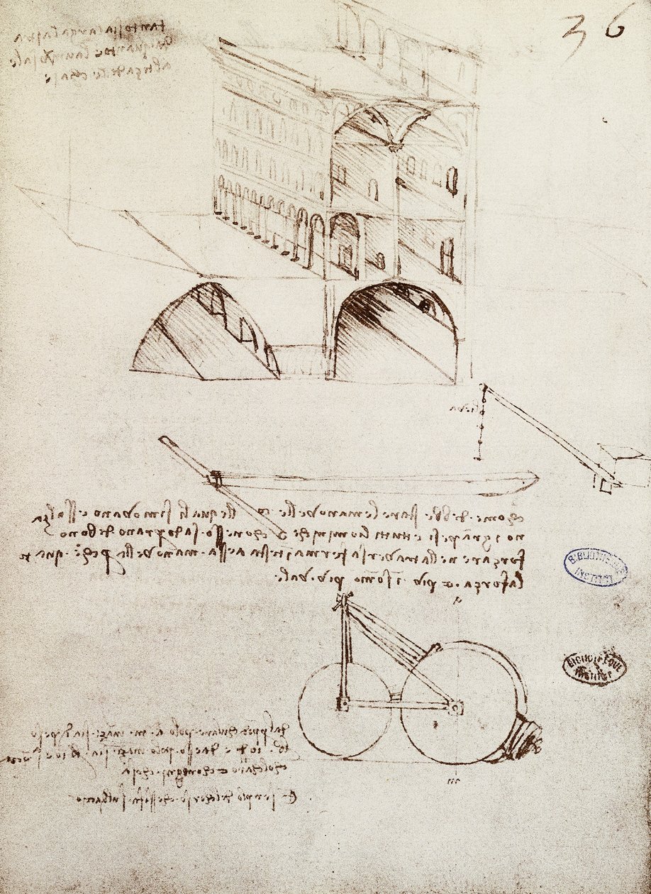 Manuscript B, f 36 r 盛り上がった道路のある都市の建築物のスタディ、展開図、断面図（紙にペン・インク 作： レオナルド・ダ・ヴィンチ