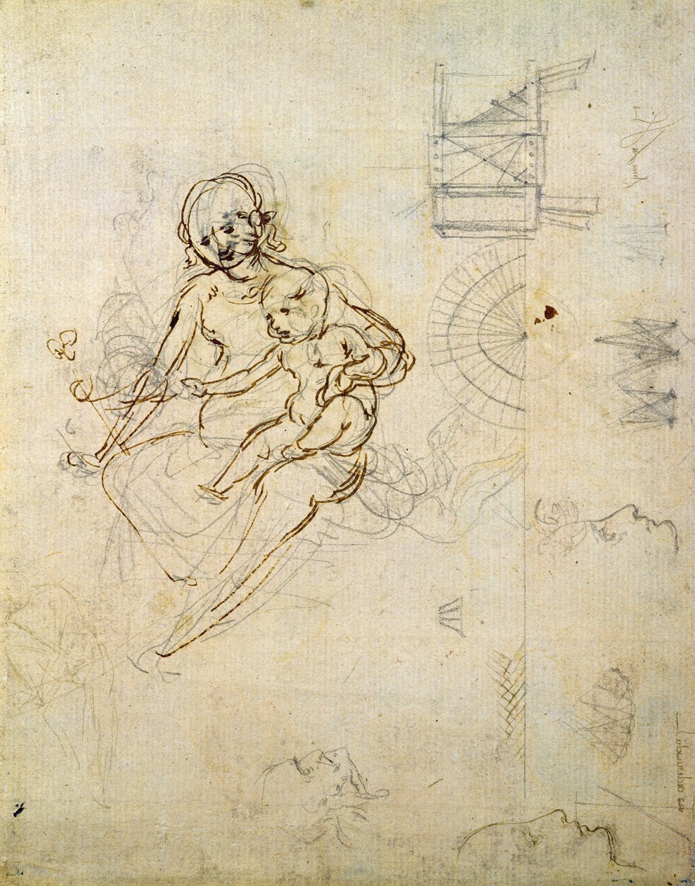 聖母子と横顔と機械の頭の研究、c.1478-80（紙に鉛筆とインク） 作： レオナルド・ダ・ヴィンチ