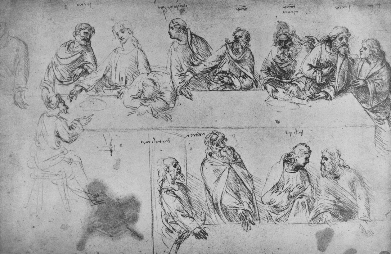 最後の晩餐の研究、c1480 1945 作： レオナルド・ダ・ヴィンチ