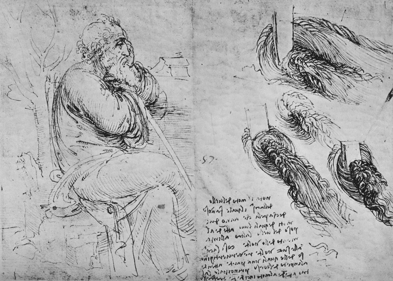座っている老人と渦巻く水の研究、c1480 1945 作： レオナルド・ダ・ヴィンチ