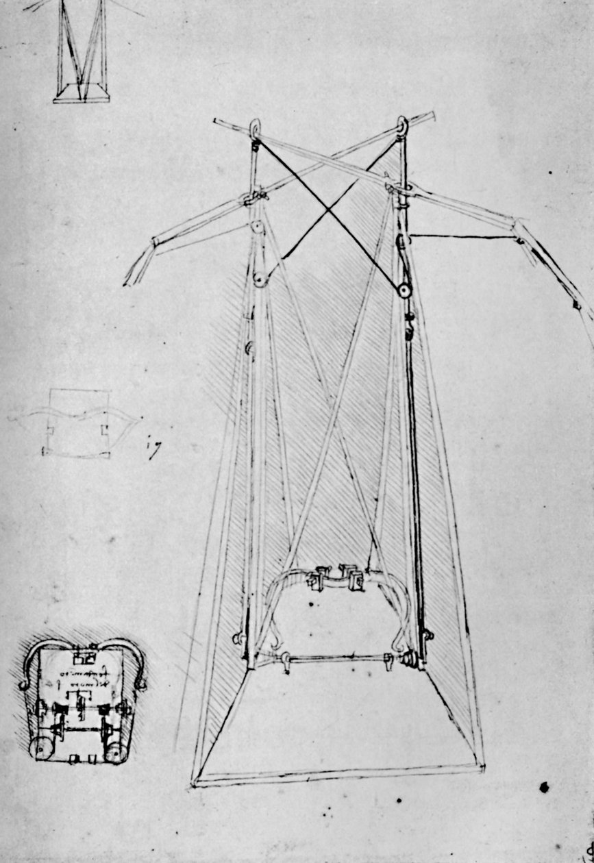 ベース機構の平面図を備えた飛行機械の動機装置の研究、1928 作： レオナルド・ダ・ヴィンチ