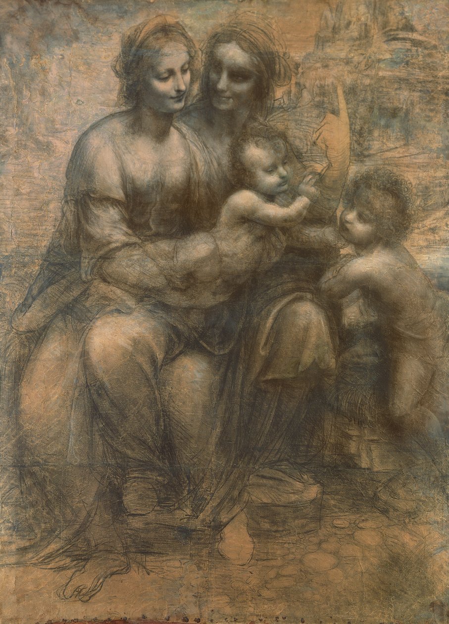 聖アンナと聖母子、およびバプテストの幼児聖ヨハネ、c.1499-1500（紙に白いチョークで強調された木炭、帆布に取り付けられた） 作： レオナルド・ダ・ヴィンチ
