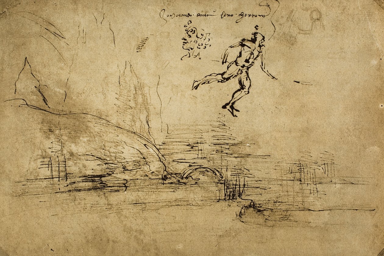兵士の姿を描いた風景画の裏側：レオナルドダヴィンチのペン画。内閣描画と版画、ウフィツィ美術館、フィレンツェ 作： レオナルド・ダ・ヴィンチ