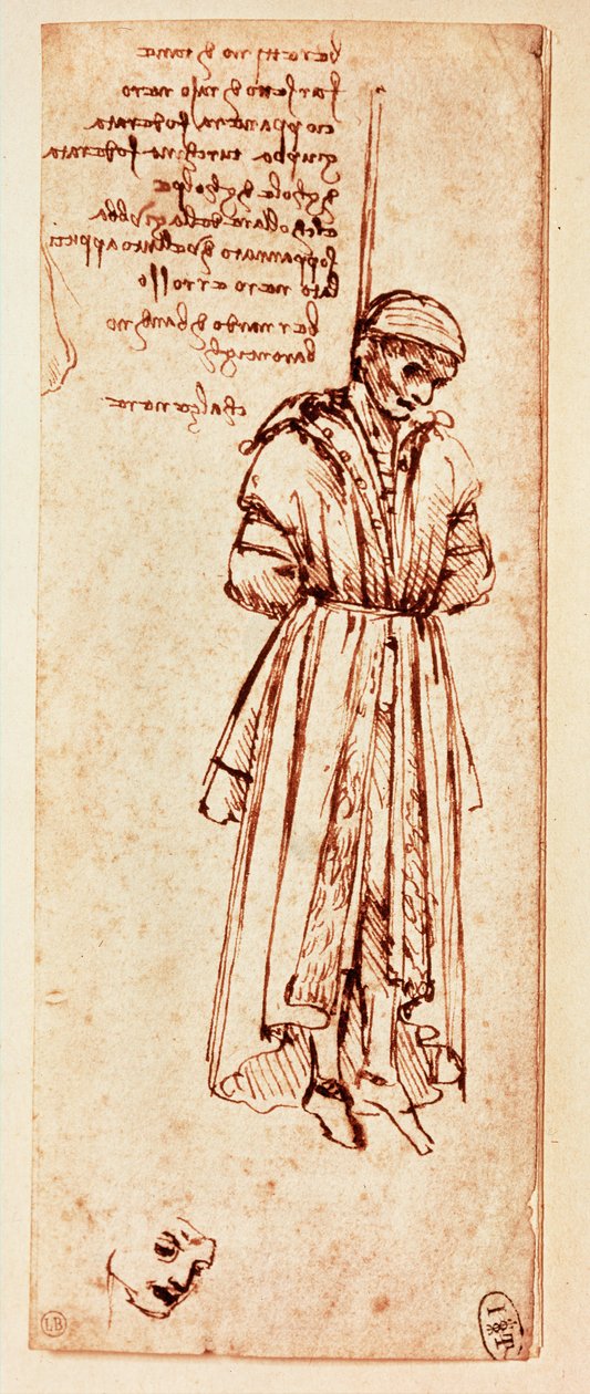 ベルナルド・バロンチェッリの絞殺死体。ペンとインク（ペンとインク） 作： レオナルド・ダ・ヴィンチ