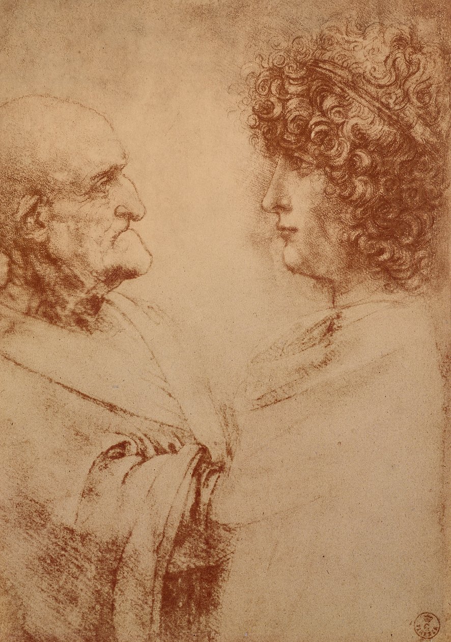 プロファイル内の2つの頭、c.1500（紙に赤いチョーク） 作： レオナルド・ダ・ヴィンチ