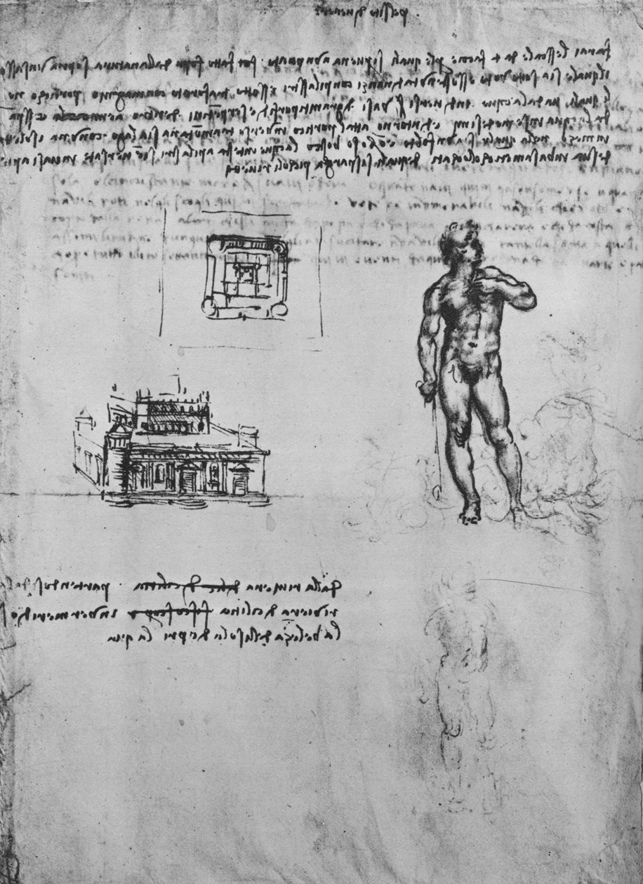 ヌード図と建物の眺めと平面図に関する2つの研究、c1480 1945 作： レオナルド・ダ・ヴィンチ