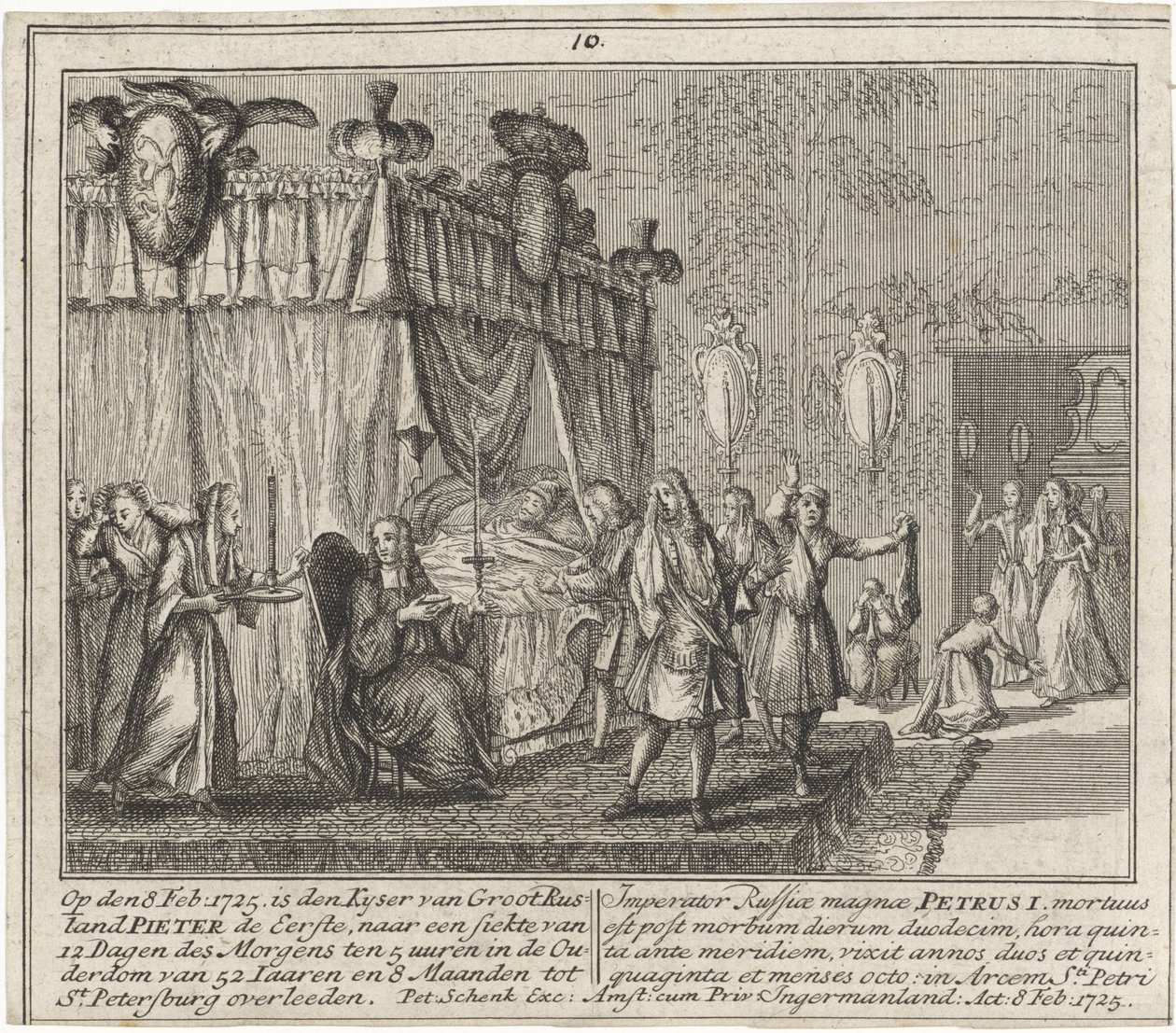 La mort de Pierre I le Grand, le 8 fevrier 1725 - 1725年2月8日のピョートル大帝の死、シェンク、レナード（1696-1767）作。銅製エングレーヴィング 作： レオナルダス・シェンク