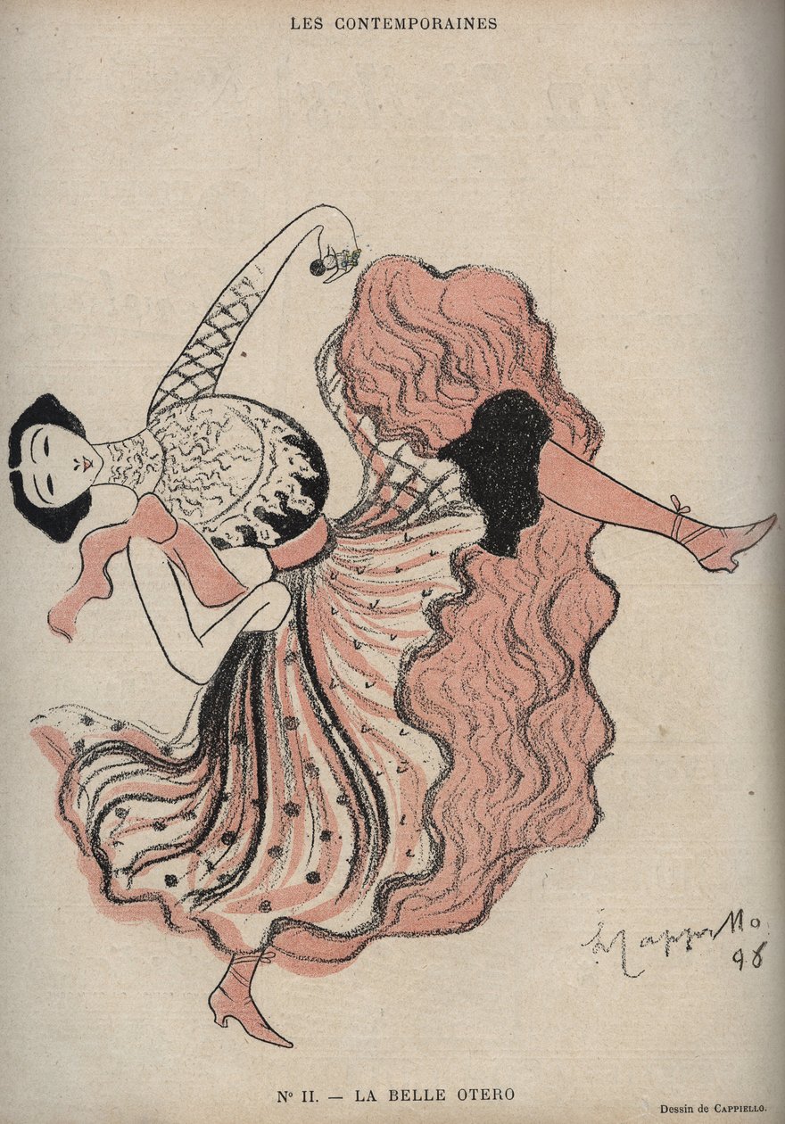 スペインの舞踏家・花魁であるCaroline (La Belle) Otero (1868-1965)の肖像 - Leonetto Cappiello (1875-1942)が1898年の『The Rire』に描いたもの。 作： レオネット・カッピエッロ