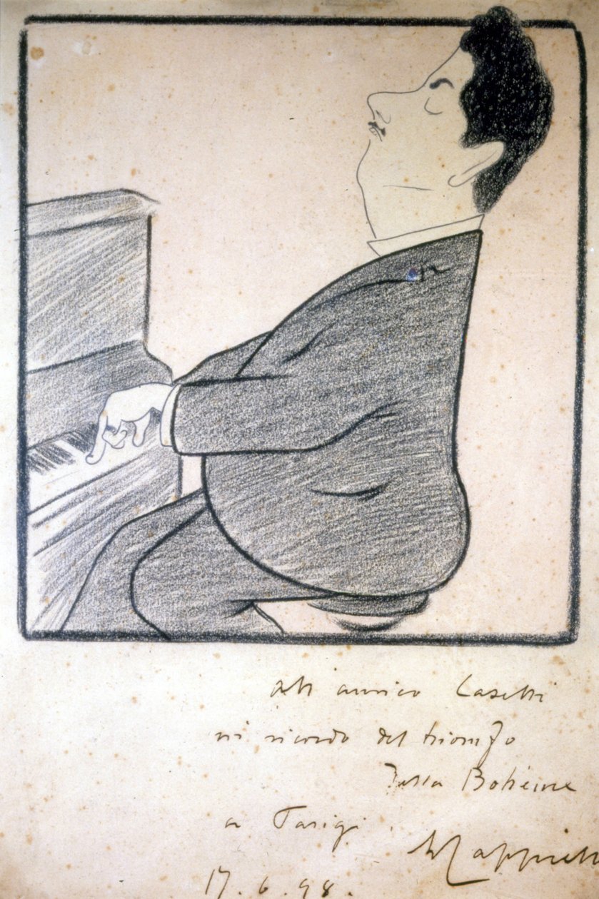イタリアの作曲家、ジャコモ・プッチーニ（1858-1924）の肖像。Leonetto Cappielloによる風刺画。 作： レオネット・カッピエッロ