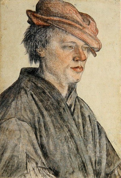 帽子をかぶり、右を向いた青年の肖像」1500～42年頃（紙にチョーク、ウォッシュ） 作： レオンハルトベック