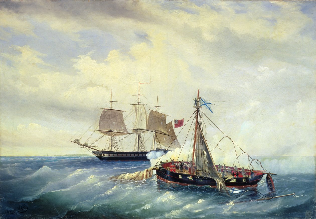 1889年6月11日、189年6月11日、ナルゲン島沖でのロシア船オピトとイギリスのフリゲート艦との戦い 作： レオニード・デミャノヴィッチ・ブリノフ