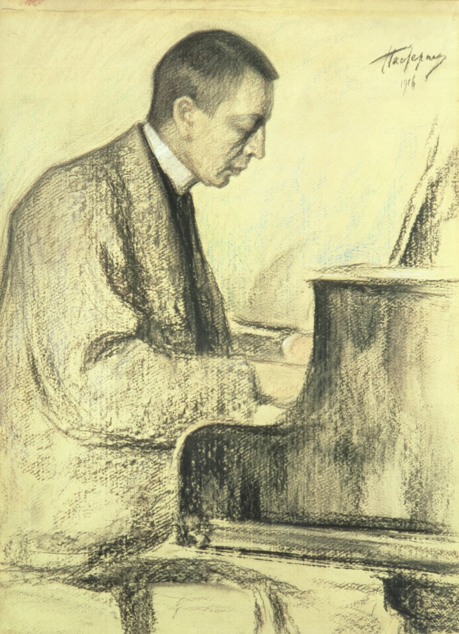 1916年のピアノでのセルゲイヴァシリエビッチラフマニノフ（1873-1943）の肖像（紙にパステル） 作： レオニード・オシポビッチ・パステルナック