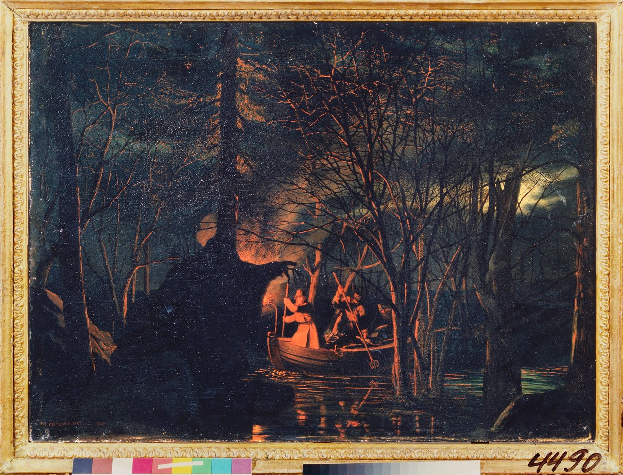 夜槍釣り。 Leonid Ivanovich Solomatkin (1837-1883) による絵画、キャンバスに油彩 作： レオニード・イワノビッチ・ソロマトキン