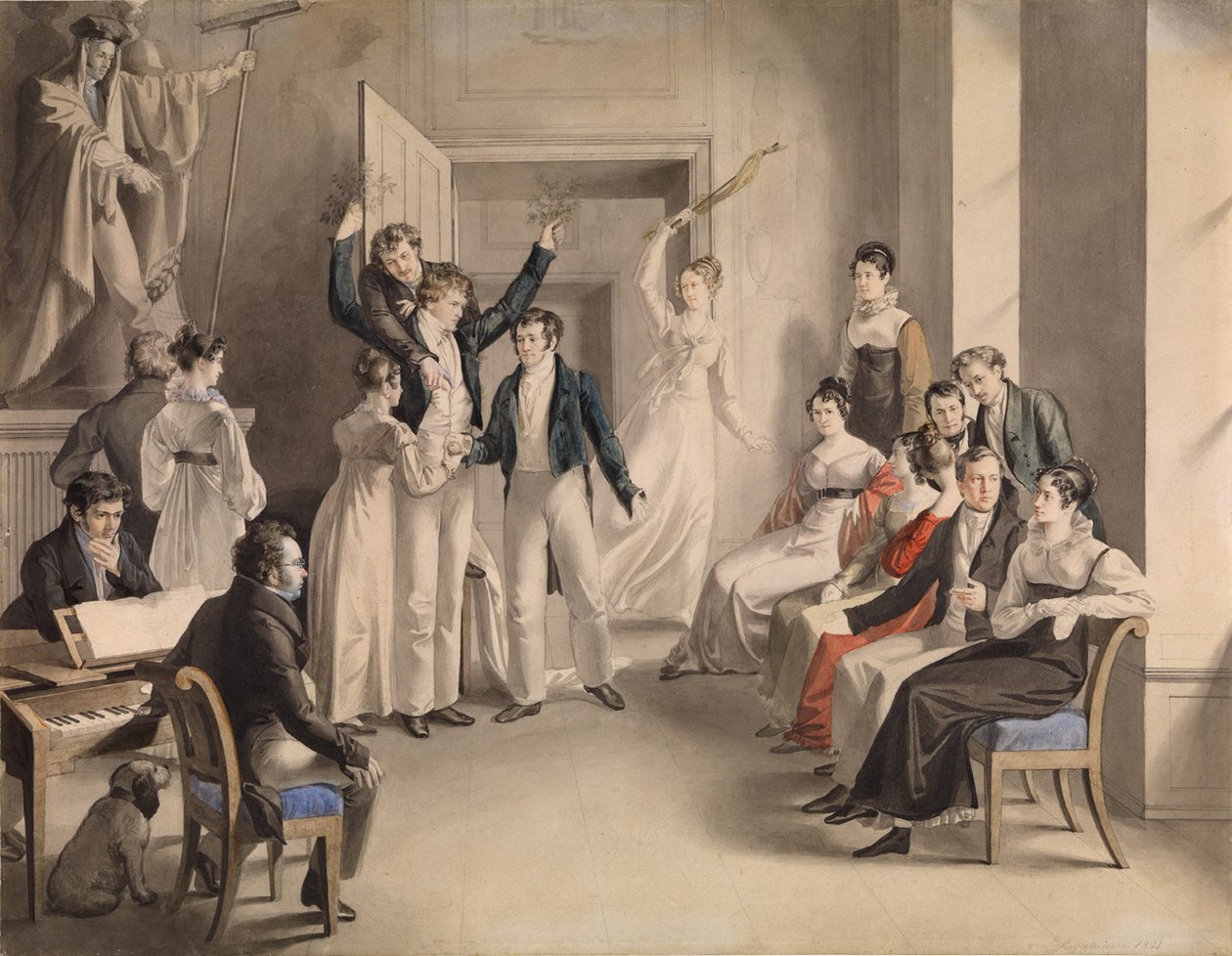 フランツ・シューベルト1797-1828。 1821年、アッツェンブルグでのシューベルト人のパーティーゲーム 作： レオポルド・クペルヴィーザー