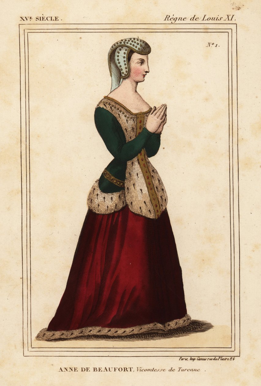 アンヌ・ロジェ・ド・ボーフォール、テュレンヌ子爵夫人 1435-1479年ロジェ・ド・ジェニエールのポートフォリオVI 11、『Le Bibliophile Jacob』別名ポール・ラクロワの『Costumes Historiqu』所収のナントのコルドリエール教会のステンレスガラス窓を模した手彩色リトグラフ。 作： レオポルドマサード