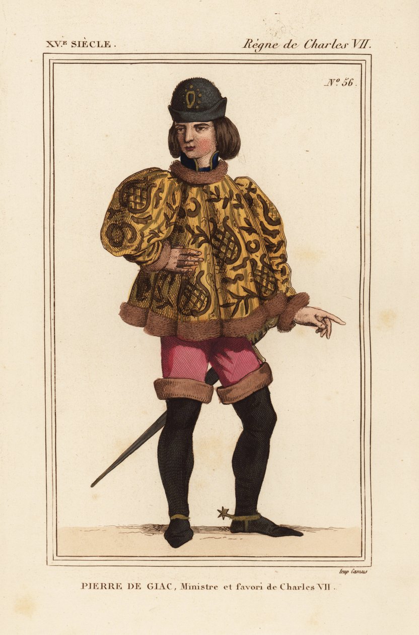 ピエール・ド・ジャック、1377年から1426年まで国王シャルル7世の侍従長。ダン＝ル＝ロワで溺死。マホワートル袖の短いカソック、ピンクのズボン、拍車付きのブーツを着用。手稿Histoire du Roiの細密画をもとにした手彩色リトグラフ。 作： レオポルドマサード