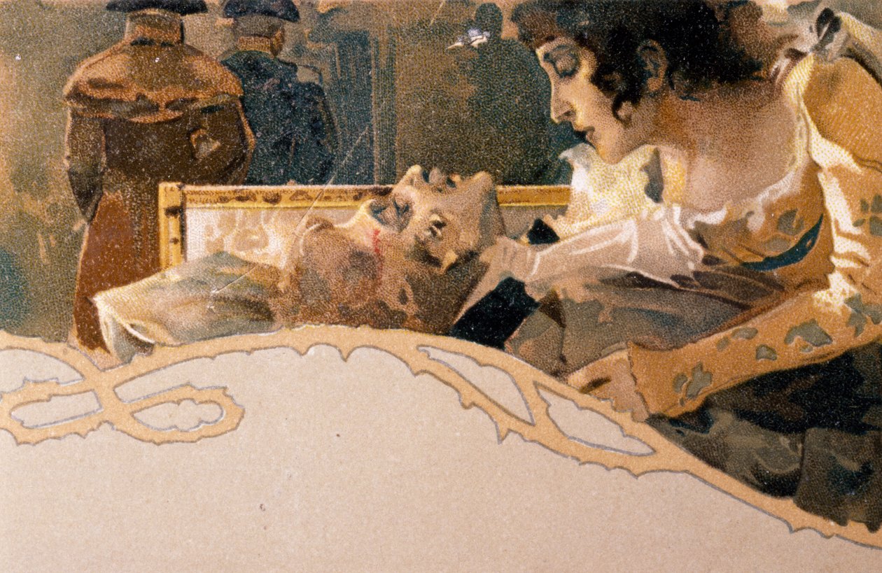 ジャコモ・プッチーニ (1858-1924) のオペラ「トスカ」の場面を描いた、レオポルド・メトリコヴィッツ (1868-1944) の絵はがき 作： レオポルド・メトリコビッツ