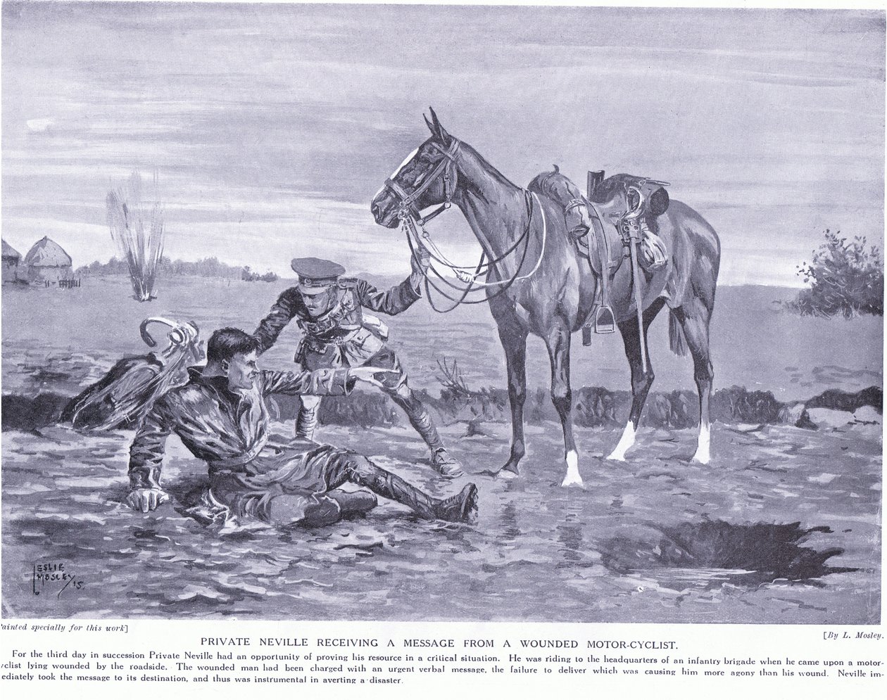 負傷したモーターサイクリストYpres 1914年10月からメッセージを受け取る私用ネヴィル 作： レスリー・モズリー
