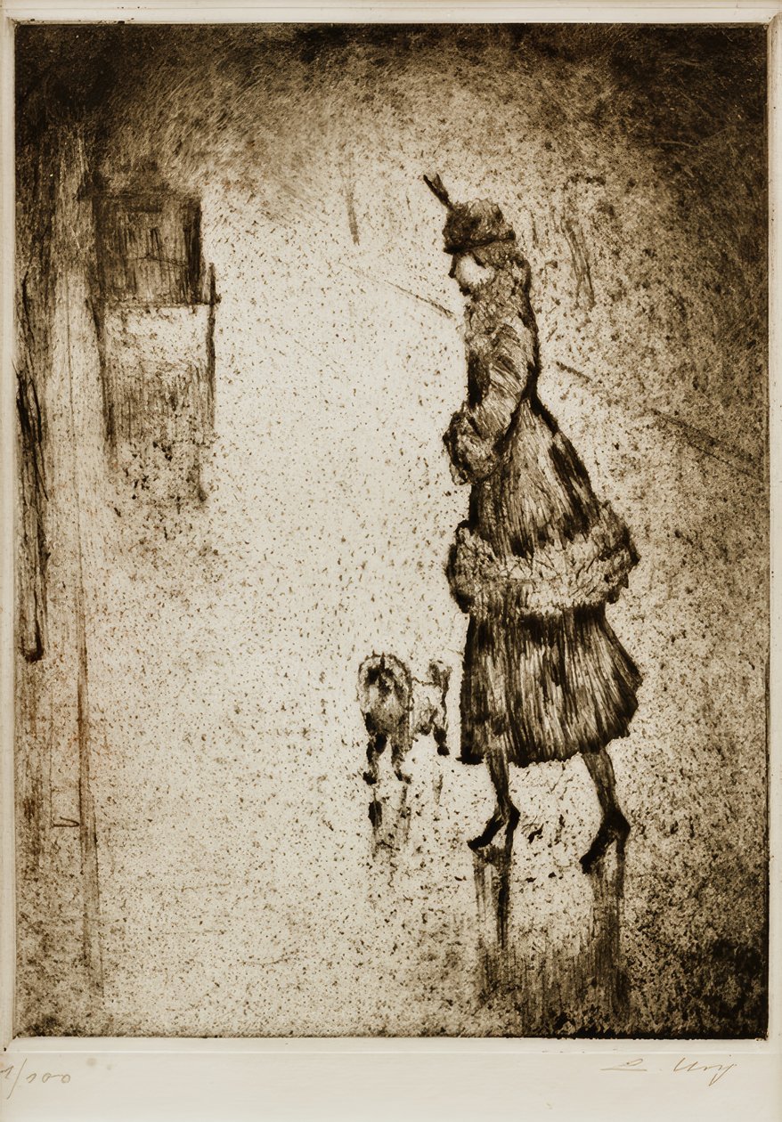 雨に濡れた路上でプードルを持つ女性（タクシー左） 作： 少ない尿